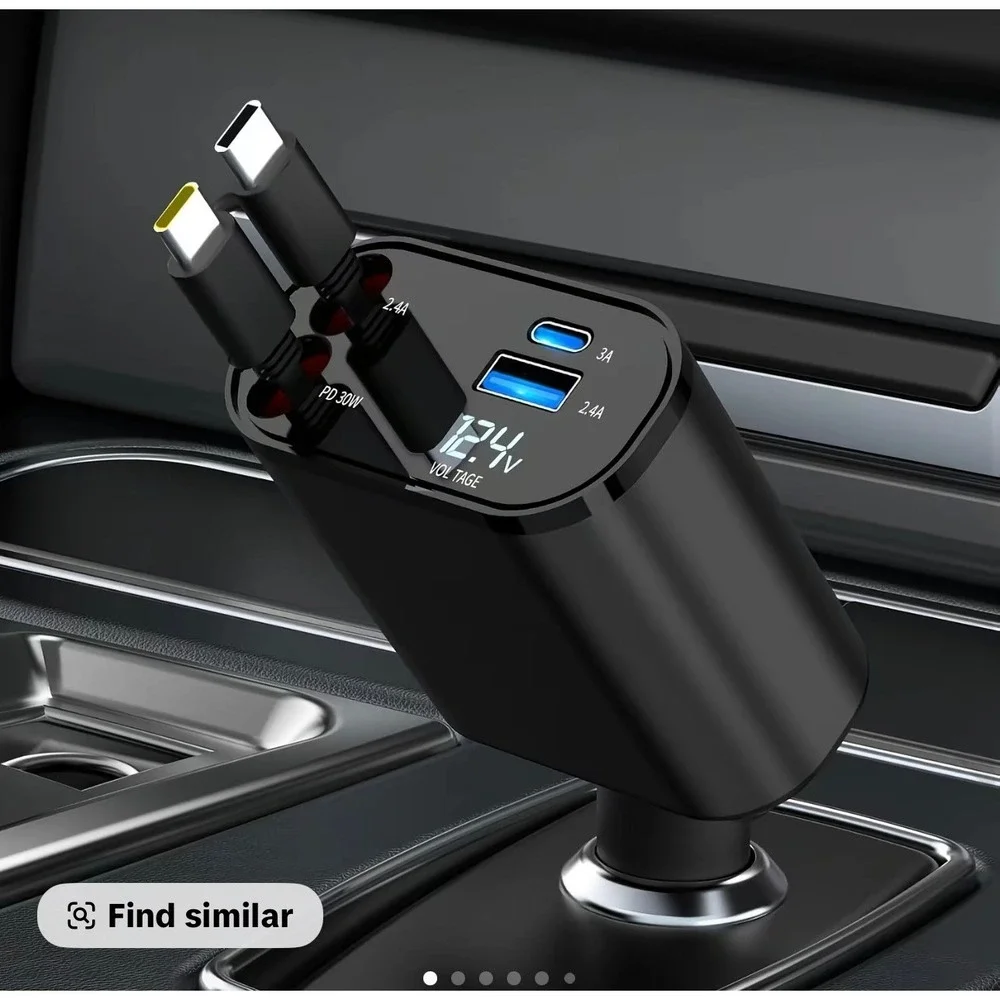 4 in 1 Car Charger USB C PD Fast Charging Retractable Cables Digital Display